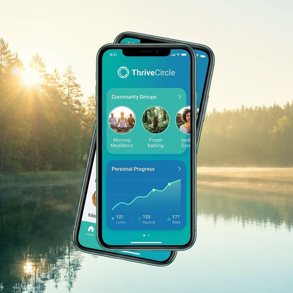 ThriveCircle App Mockup showing progress tracking, chat features, and wellness circles